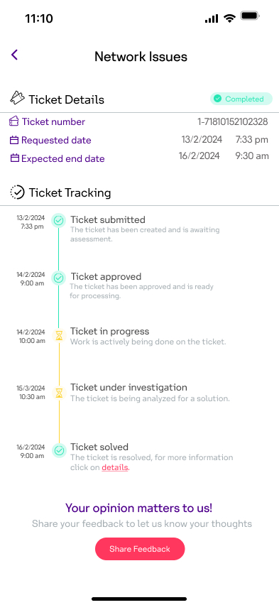 TrackMate mobile ticket tracking view for a Network Issues complaint